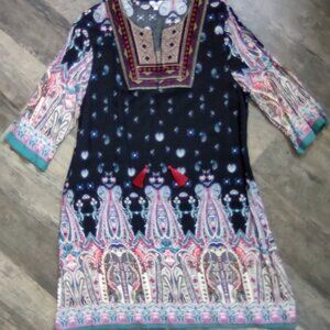 Measeor Womens Black Multiprint w/ Embroidery Neck-Chest BoHo Dress Sz XLg